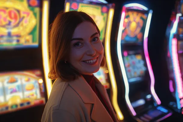 22BED Casino — Step inside our high-end casino experience A glamorous woman holding casino chips in a neon-lit environment, representing the premium online casino atmosphere of 22BED.